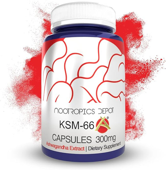 Nootropics Depot KSM-66 Ashwagandha Capsules | 300mg | 180 Count | Withania somnifera Extract | Ayurvedic Herb | Adaptogen Supplement | Stress + Promote Relaxation* | Energy, Memory + Focus*