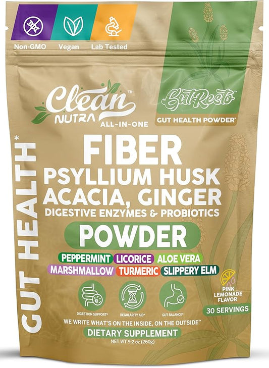 Clean Nutra Fiber Powder Supplement Psyllium Husk Acacia Ginger Digestive Enzymes Probiotic Peppermint Licorice Aloe Vera Marshmallow Root Turmeric Supplement Slippery Elm Gut Health Prebiotics