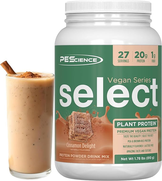 PEScience Select Vegan Protein Powder, Plant Based with Amazing Taste, Smooth Texture, Pea Protein Brown Rice Blend, Dairy Free, Gluten Free, Soy Free, 27 Servings, Cinnamon Delight