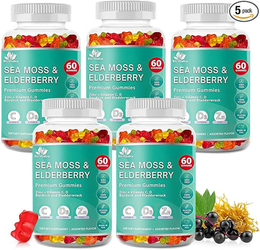 BIO VITALICA Sea Moss Gummies Elderberry BioVitalica - Vitamin C D + Zinc - Irish Seamoss Vegan Gummy with Sea Moss Gel & Powder for Immunity, Detox - for Adults and Kids (5Packs)