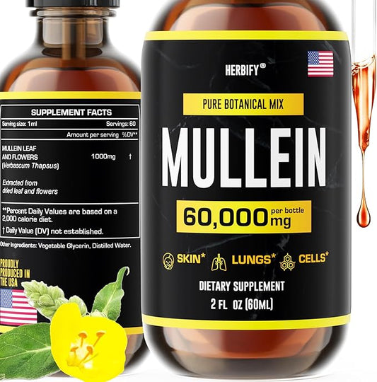 HERBIFY Mullein Extract 2 oz Tincture for Respiratory Health, Mullein Leaf and Flowers Blend (Verbascum Densiflorum)
