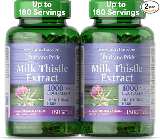 Puritan's Pride Milk Thistle Silymarin 4:1 Concentration Extract 200mg (1000 Mg Equivalent) Dietary Supplement for Liver Support, 6 Month Supply, 180 Count 2-Pack