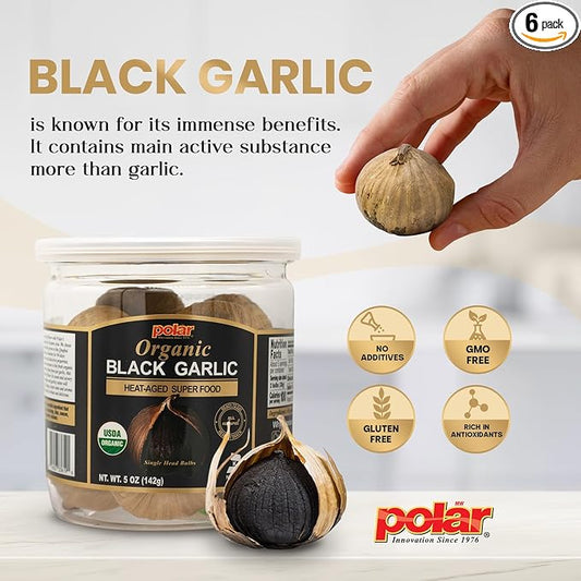 MW Polar USDA Organic Black Garlic 5 oz (Pack of 6), Whole Bulbs, Easy Peel, All Natural, Chemical Free, Kosher Friendly Ready to Eat Healthy Snack