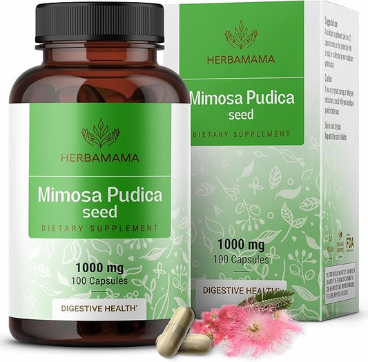 HERBAMAMA Mimosa Pudica Seed Capsules - 1000mg Mimosa Pudica Extract Powder for Digestive Cleanse & Detox - Vegan, Non-GMO Digestive Support Supplement, 100 Caps