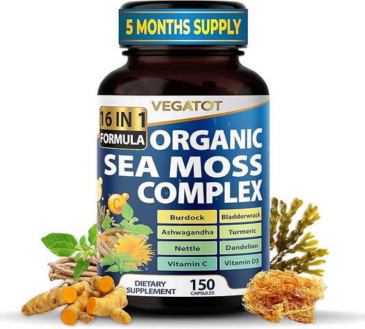 Organic Sea Moss with Bladderwrack, Burdock, Ashwagandha, and Turmeric - Immunity Booster for Healthy Aging, Skin & Joint Support- Made in The USA (150 Count (Pack of 1))