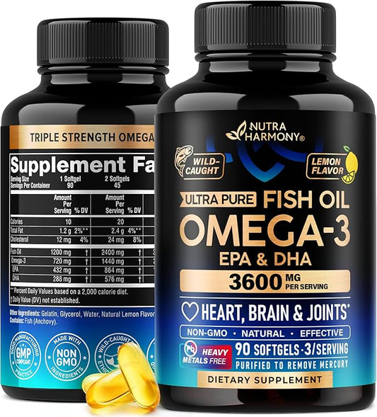 Omega 3 Fish Oil 3600 mg - Omega 3 Supplement | EPA & DHA - Heavy Metals Free - Heart, Brain & Joint Support - Purified Fish Oil for Men & Women - Burpless, Lemon Flavored - Made in USA, 90 Softgels