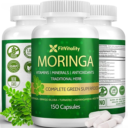 150 Veggie Moringa Premium Capsules –Moringa Leaf, Ginkgo Biloba Leaf, Turmeric Extract, Ashwagandha & Tulsi Holy Basil – 100% Natural Herbal Blend.