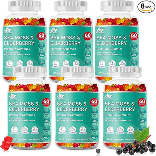 BIO VITALICA Sea Moss Gummies Elderberry BioVitalica - Vitamin C D + Zinc - Irish Seamoss Vegan Gummy with Sea Moss Gel & Powder for Immunity, Detox - for Adults and Kids (6Packs)