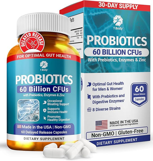 1 Body 60 Billion CFU Probiotics for Men & Women, Gut Health for Men & Women with Prebiotics, Digestive Enzymes, Zinc & L-Glutamine, Supports Digestive Comfort, Non-GMO, 60 Vegan Probiotic Capsules