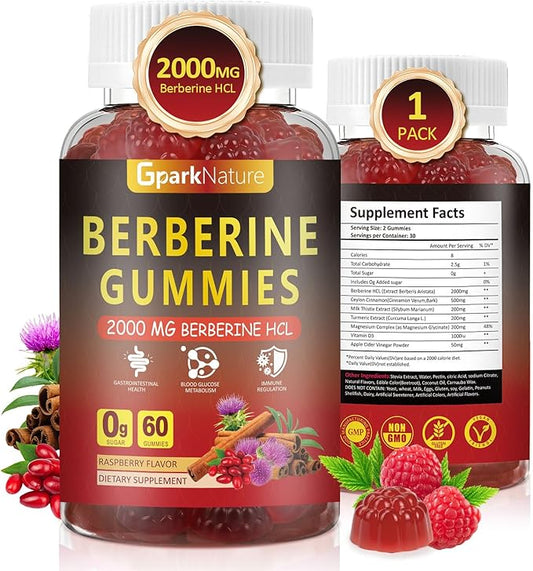Berberine Gummies 2000 mg, Berberine Supplement with Ceylon Cinnamon, Turmeric, Milk Thistle, Magnesium, Chromium for Immune Support, Sugar Free, Vegan, Raspberry Flavor, 60 Count-1 Pack