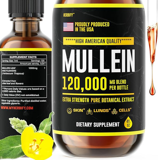 HERBIFY Mullein Drops - Lung Cleanse - Leaf Extract - Powerful Mullein for Immune Support,Detox & Respiratory Support - Made in USA - Lung Cleanse for Smokers - 4 Oz