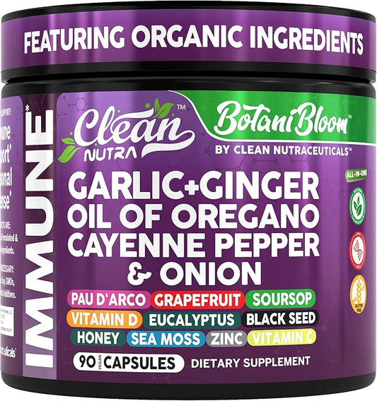 Clean Nutra Garlic Ginger Oil of Oregano Cayenne Pepper Grapefruit Soursop Black Cumin Sea Moss Black Pepper Vitamin C and Zinc VIT C Detox Gut Health Black Seed Cleanse 90 Vegan Capsules