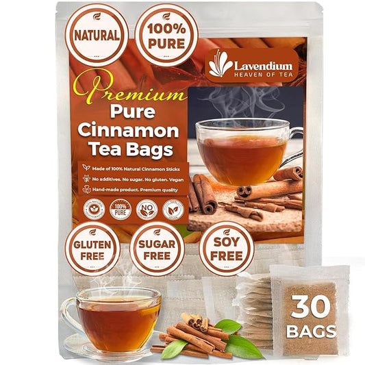 Lavendium, 30 Pure Cinnamon Tea Bags, Made of 100% Natural Cinnamon Sticks, Herbal Tea, No Additives, No Caffeine, No Gluten, Vegan.