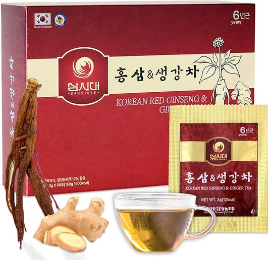 SAMSIDAE Korean Panax Red Ginseng with Ginger Tea, Box of 50 Bags, Supports Circulation, Energy, Immunity, and Digestion – Smooth Taste