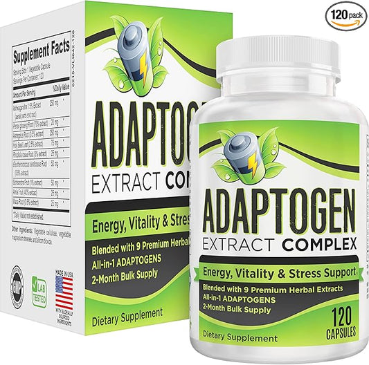 2-Month ADAPTOGEN Blend Supplement All-in-1 Formula with 9 Active Ingredients | Adaptogens | Herbal Extracts | Adaptogen Supplements | Adaptogenic Complex | 60-Day Bulk Supply | 120 Capsules